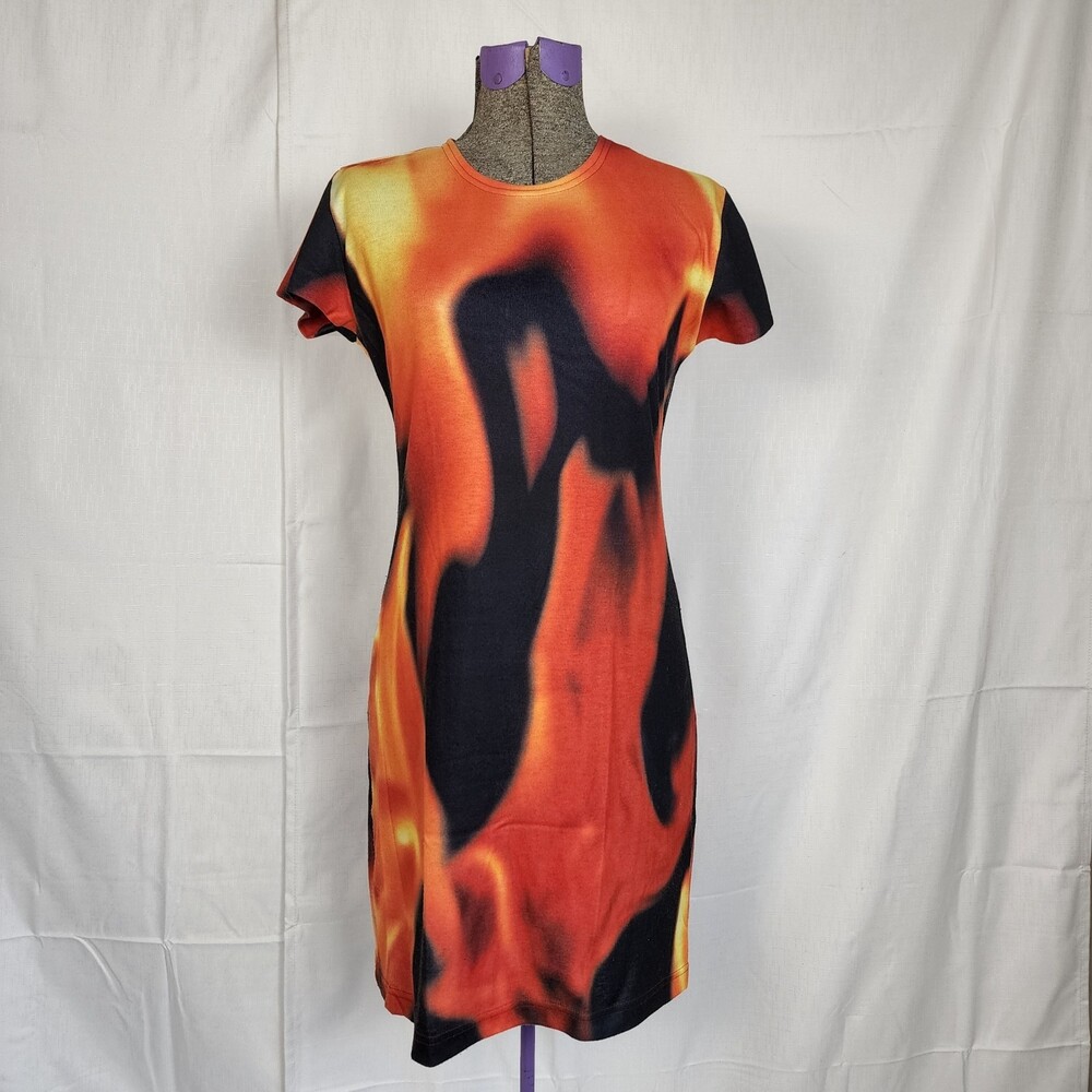 TODD OLDHAM Times Seven Y2K 90s Mini Short Sleeve Dress Fire Flames Print Size S